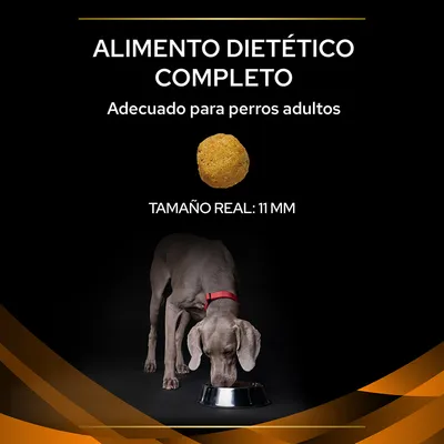 Alimento dietético completo adecuado para perros adultos. Tamaño real de la croqueta: 11 mm. Imagen de perro adulto comiendo del bol.