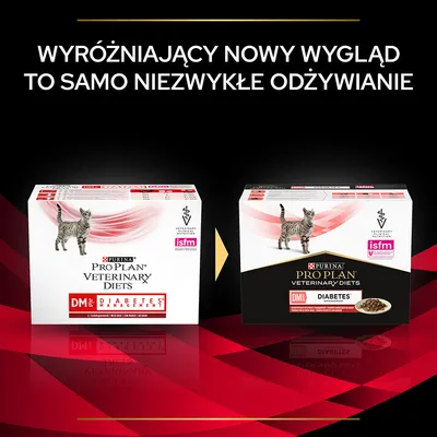 Porównanie opakowań karmy Purina Pro Plan Veterinary Diets DM Diabetes Management dla kotów; po lewej stare białe, po prawej nowe czarno-białe z widoczną miską karmy.