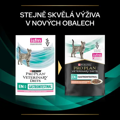 Porovnání starého a nového obalu krmiva PURINA PRO PLAN VETERINARY DIETS EN GASTROINTESTINAL pro kočky, text: Stejně skvělá výživa v nových obalech.