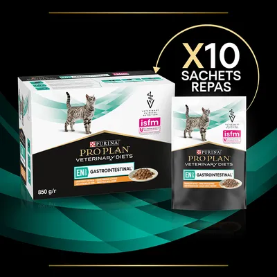 Purina Pro Plan Veterinary Diets EN Gastrointestinal pour chat, 10 sachets repas, 850 g, boîte et sachet visibles, mentions isfm et vétérinaire sur l’emballage.
