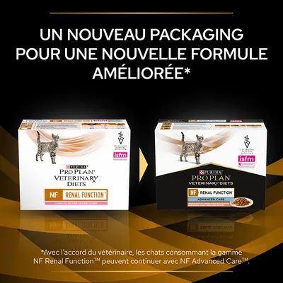 Nouveau packaging pour PURINA PRO PLAN VETERINARY DIETS NF Renal Function, ancienne et nouvelle boîte visibles, mention de la formule améliorée et texte : Avec l’accord du vétérinaire...