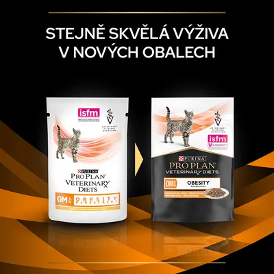 PURINA PRO PLAN VETERINARY DIETS OM Obesity Management pro kočky, starý a nový obal. Text: Stejně skvělá výživa v nových obalech. Viditelné logo isfm.