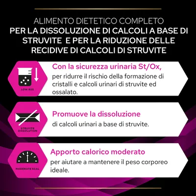 Alimento dietetico completo per la dissoluzione di calcoli a base di struvite e riduzione recidive. Sicurezza urinaria St/Ox, promuove la dissoluzione, apporto calorico moderato.