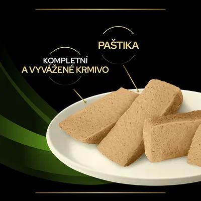 Paštika na tanieri, text: Paštika, Kompletní a vyvážené krmivo (text v češtine).