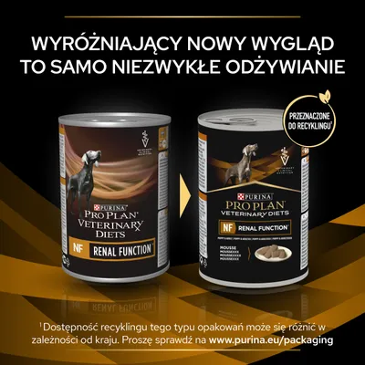 Dwie puszki Purina Pro Plan Veterinary Diets NF Renal Function dla psów, stary i nowy wygląd opakowania. Napis: Przeznaczone do recyklingu. Wyróżniający nowy wygląd, to samo niezwykłe odżywianie.
