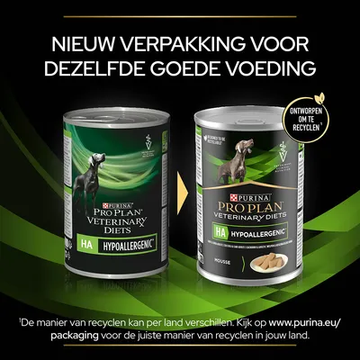 Purina Pro Plan Veterinary Diets HA Hypoallergenic natvoer voor honden, nieuw recyclebare verpakking, tekst: 'Nieuw verpakking voor dezelfde goede voeding'.