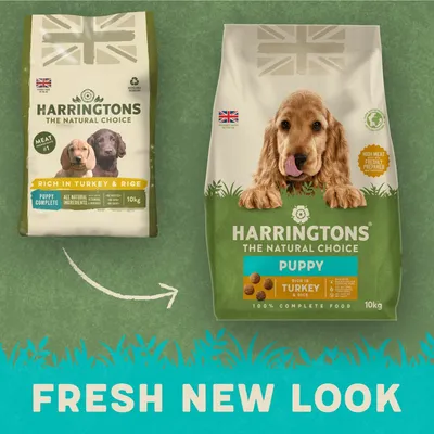 Comparison of old and new Harringtons The Natural Choice puppy food packaging, both showing 10kg bags, rich in turkey and rice, with 'Fresh New Look' text below.
