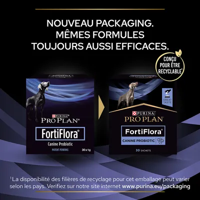 Nouveau packaging Purina Pro Plan FortiFlora Canine Probiotic, mêmes formules, toujours aussi efficaces, conçu pour être recyclable. Ancien et nouveau pack visibles, 30 sachets.