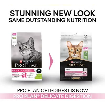 Purina Pro Plan cat food packaging change: Delicate Adult Opti-Digest now called Delicate Digestion. Text: Stunning new look, same outstanding nutrition. For adult cats 1+ years.