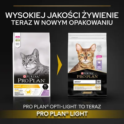 Zmiana opakowania karmy Purina Pro Plan dla kotów: z Pro Plan Opti-Light Adult Light na Pro Plan Light Adult 1+. Widoczne oba opakowania i informacja o nowym wyglądzie.