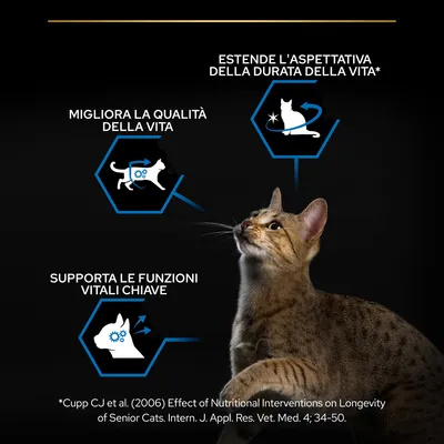 Testi visibili: 'Estende l’aspettativa della durata della vita', 'Migliora la qualità della vita', 'Supporta le funzioni vitali chiave'. Gatto marrone in primo piano.