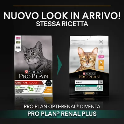 Nuovo look in arrivo, stessa ricetta. PRO PLAN Opti-Renal diventa PRO PLAN Renal Plus. Immagine di due confezioni Purina Pro Plan per gatti adulti 1+ anni.