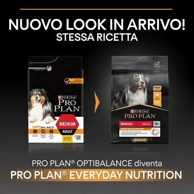 Confronto tra vecchio e nuovo packaging di PURINA PRO PLAN Medium Adult: OPTIBALANCE diventa EVERYDAY NUTRITION. Testo: Nuovo look in arrivo! Stessa ricetta.