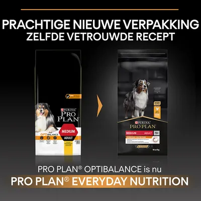Vergelijking oude en nieuwe verpakking Purina Pro Plan Medium Adult hondenvoer. Optibalance heet nu Everyday Nutrition. Tekst: Prachtige nieuwe verpakking, zelfde vertrouwde recept.