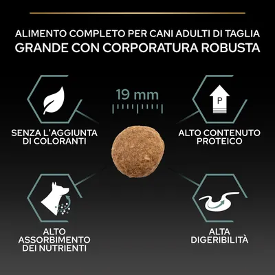 Alimento completo per cani adulti di taglia grande con corporatura robusta, crocchetta 19 mm, senza l'aggiunta di coloranti, alto contenuto proteico, alto assorbimento dei nutrienti, alta digeribilità.