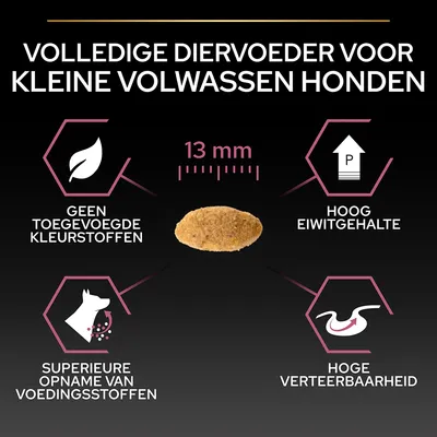 Volledige diervoeder voor kleine volwassen honden, brok 13 mm. Geen toegevoegde kleurstoffen, hoog eiwitgehalte, superieure opname van voedingsstoffen, hoge verteerbaarheid.