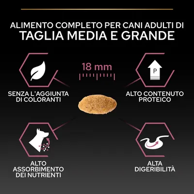 Alimento completo per cani adulti taglia media e grande, crocchetta 18 mm, senza aggiunta di coloranti, alto contenuto proteico, alto assorbimento dei nutrienti, alta digeribilità.