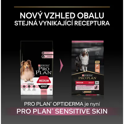Porovnanie starého a nového balenia Purina Pro Plan Medium Adult Sensitive Skin pre psov. Nový vzhľad obalu, rovnaká receptúra. Optiderma je teraz Sensitive Skin.