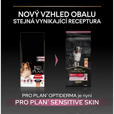 Nový vzhled obalu, stejná receptura. PRO PLAN Optiderma je nyní PRO PLAN Sensitive Skin. Zobrazeny starý a nový obal krmiva pro psy PURINA PRO PLAN Medium Adult Sensitive Skin.