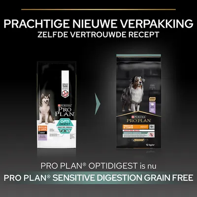 Pro Plan Optidigest krijgt nieuwe verpakking en heet nu Pro Plan Sensitive Digestion Grain Free. Zelfde vertrouwde recept, geschikt voor volwassen honden medium & large. 12 kg zak zichtbaar.