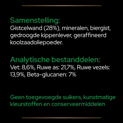 Samenstelling: gistcelwand (28%), mineralen, biergist, gedroogde kippenlever, geraffineerd koolzaadoliepoeder. Analytische bestanddelen: vet 8,6%, ruwe as 21,7%, vezels 13,9%, beta-glucanen 7%. Geen toegevoegde suikers, kunstmatige kleurstoffen en conserveermiddelen.