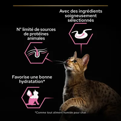 Avec des ingrédients soigneusement sélectionnés, N° limité de sources de protéines animales, Favorise une bonne hydratation* (*Comme tout aliment humide pour chat)