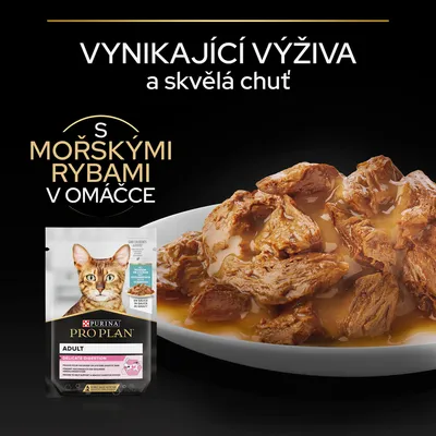 Purina Pro Plan Adult Delicate Digestion s morskými rybami v omáčke. Vynikající výživa a skvělá chuť. Text na obrázku je v češtine.