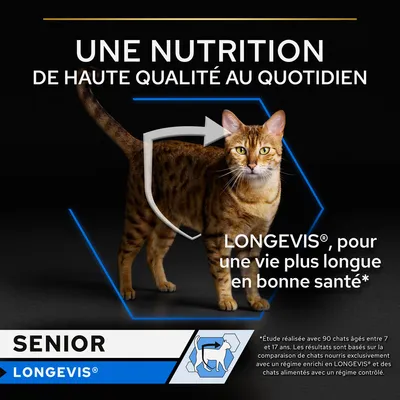 Longevis, pour une vie plus longue en bonne santé. Une nutrition de haute qualité au quotidien. Senior. Étude réalisée avec 90 chats âgés entre 7 et 17 ans.