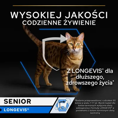 Wysokiej jakości codzienne żywienie. Z Longevis dla dłuższego, zdrowszego życia. Senior Longevis. Informacja o badaniu z udziałem 90 kotów w wieku 7–17 lat.