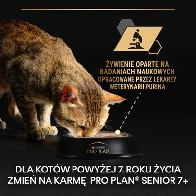 Purina Pro Plan. Żywienie oparte na badaniach naukowych opracowane przez lekarzy weterynarii Purina. Dla kotów powyżej 7. roku życia zmień na karmę Pro Plan Senior 7+.