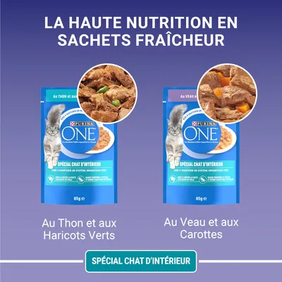 Purina ONE Spécial Chat d’Intérieur, sachets fraîcheur 85g : au thon et haricots verts, au veau et carottes. Texte visible : aide à maintenir un système immunitaire fort.