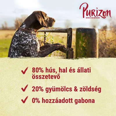 Purizon. 80% hús, hal és állati összetevő, 20% gyümölcs & zöldség, 0% hozzáadott gabona