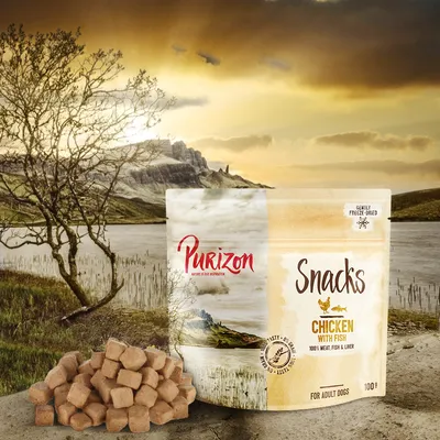 Purizon Snacks, chicken with fish, gently freeze-dried, 100% meat, fish and liver, for adult dogs, 100g pack shown with cube-shaped treats in front.