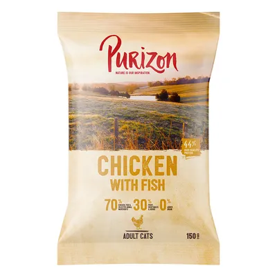 Purizon Chicken with Fish, 150g per gatti adulti. 70% carne, pesce e ingredienti, 30% frutta ed erbe, 0% cereali aggiunti, 44% proteine di alta qualità.