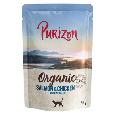 Purizon Organic Salmon & Chicken med spinat, 85g. Højkvalitets proteinkilde med 13% kødindhold. Emballagen viser landskab og kat som symbol.