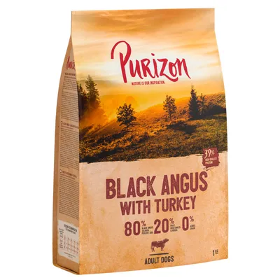 Purizon Black Angus with Turkey, 80 % viande, 20 % fruits/légumes/herbes, 0 % céréales ajoutées, 39 % protéines, pour chiens adultes, sac de 1 kg. Texte en anglais.
