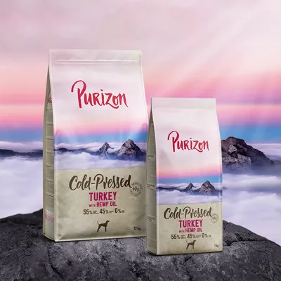 Purizon Cold-Pressed Turkey with hemp oil, 55% meat, 45% vegetables, 0% grain. Packaging in 12kg and 1kg sizes visible.