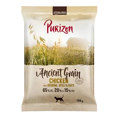 Purizon Ancient Grain Chicken con aringa, farro e avena per gatti sterilizzati, 65% ingredienti premium, 20% cereali integrali, 15% frutta e verdura, confezione da 150 g.