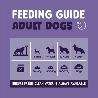 Feeding guide for adult dogs: 5-15kg need 80-165g, 15-30kg need 165-300g, 30-40kg need 300-375g, over 40kg need 375g+. Ensure fresh, clean water is always available.