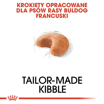 KROKIETY OPRACOWANE DLA PSÓW RASY BULDOG FRANCUSKI. TAILOR-MADE KIBBLE. Przykład kształtu krokieta na białym tle.