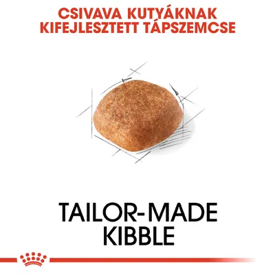 Csivava kutyáknak kifejlesztett tápszemcse. Tailor-made kibble felirat látható az angol nyelvű szövegben.