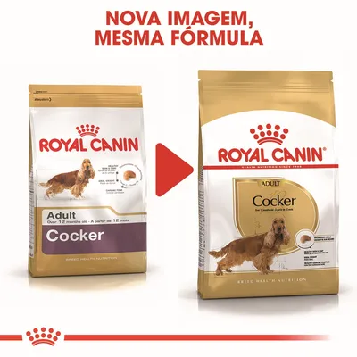 Duas embalagens de ração Royal Canin Adult Cocker, antes e depois da mudança de imagem. Texto visível: 'NOVA IMAGEM, MESMA FÓRMULA'. Ambas mostram um cão Cocker Spaniel adulto.