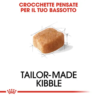 Testo: Crocchette pensate per il tuo bassotto. Immagine di una crocchetta. Testo in inglese: Tailor-made kibble.