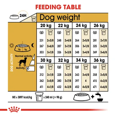 Feeding table showing daily food amounts in grams and cups for dog weights from 20kg to 36kg, with separate values for normal and high activity. One cup equals 240ml or about 98g.