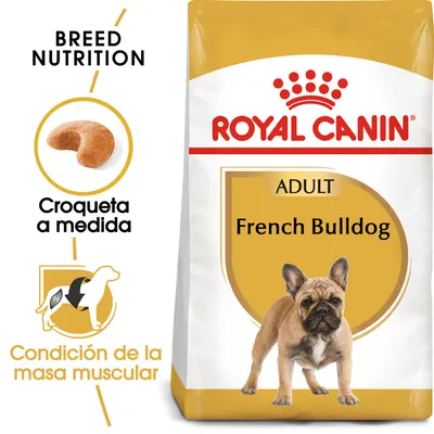 Saco de pienso Royal Canin Adult French Bulldog. Texto visible: 'Croqueta a medida', 'Condición de la masa muscular', 'Breed Nutrition'. Imagen de croqueta y silueta de perro.