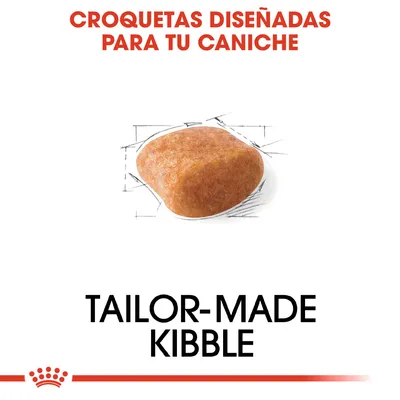 Texto: Croquetas diseñadas para tu caniche. Imagen de una croqueta. Texto en inglés: Tailor-made kibble.