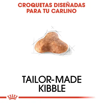 Texto: Croquetas diseñadas para tu carlino. Imagen de una croqueta marrón. Texto en inglés: Tailor-made kibble.