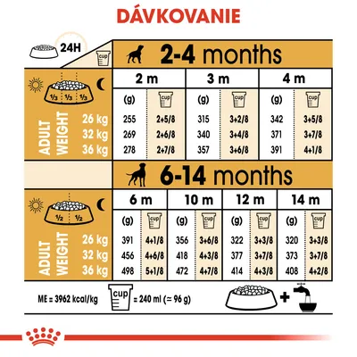 Tabuľka dávkovania krmiva pre šteňatá podľa veku (2–14 mesiacov) a hmotnosti v dospelosti (26, 32, 36 kg), uvedené gramy aj odmerky na deň. 1 odmerka = 240 ml ≈ 96 g.