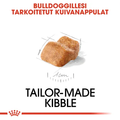 Bulldoggillesi tarkoitetut kuivanappulat. Tailor-made kibble. Kuvassa yksittäinen nappula ja mitta 1 cm.