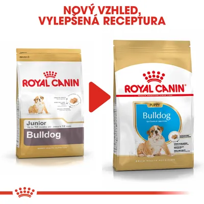 Porovnání starého a nového balení krmiva Royal Canin Bulldog pro štěňata do 12 měsíců, nápis: Nový vzhled, vylepšená receptura.